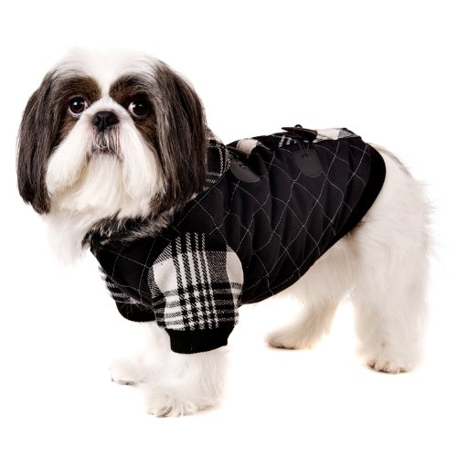 UrbanPup Luxury Black / White Duffle Coat with Detachable Hood (Medium - Dog Body Length: 12