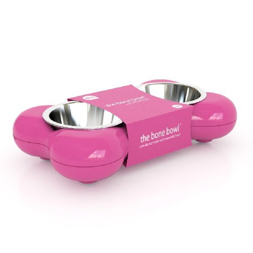 Hing Designs The Bone Bowl with Non Slip Rubber Feet and Dishwasher Safe Removable Stainless Steel Bowls, Pink