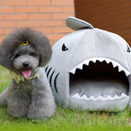 SKL Shark Round Pet House Puppy Bed with Removable Cushion Mat, Small to Medium (Grey, Small)