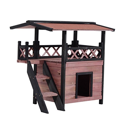 PawHut Wood Cat House Outdoor Luxury Wooden Room View Patio Weatherproof Shelter Dog Puppy Garden Scratch Post Large Kennel Crate
